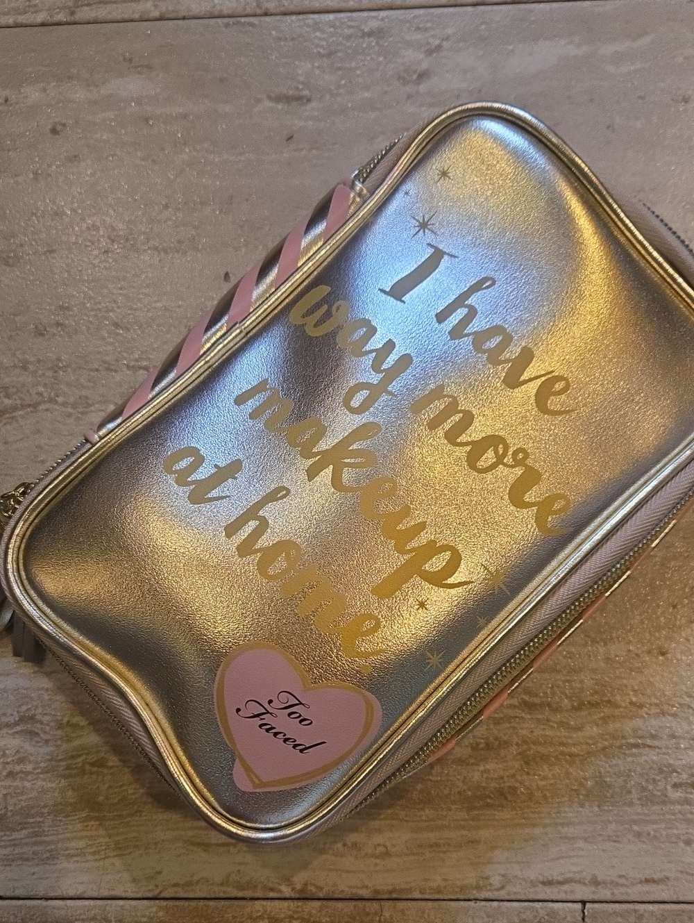Too Faced Metallic Gold/Pink Zip-Around Travel Cosmetic Bag